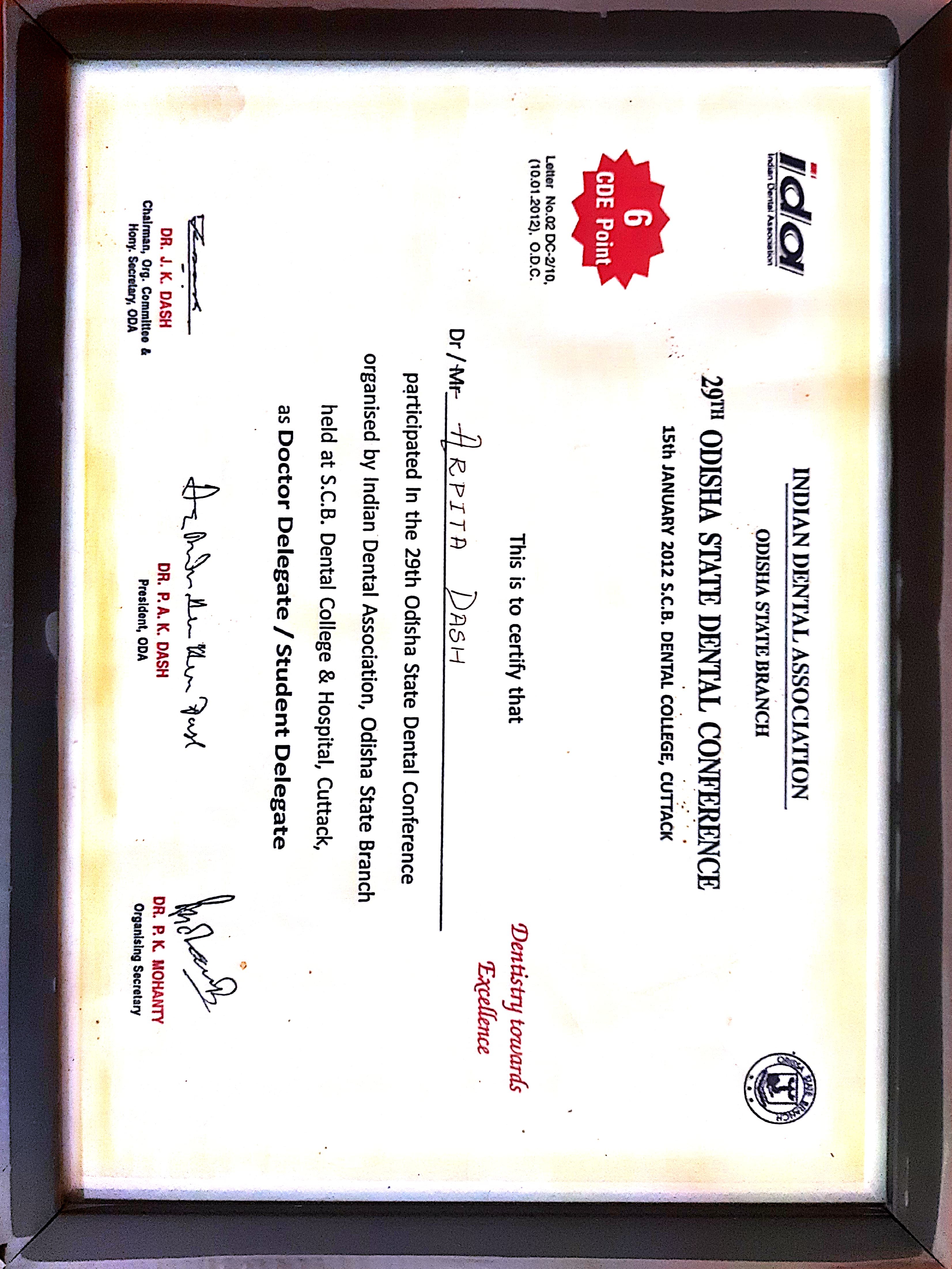 Odisha State Level Conference certificate - Dr. Arpita Dash